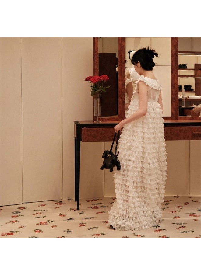 Sweet Lace Sleeveless Round Neck Tiered Cake Maxi Dress
