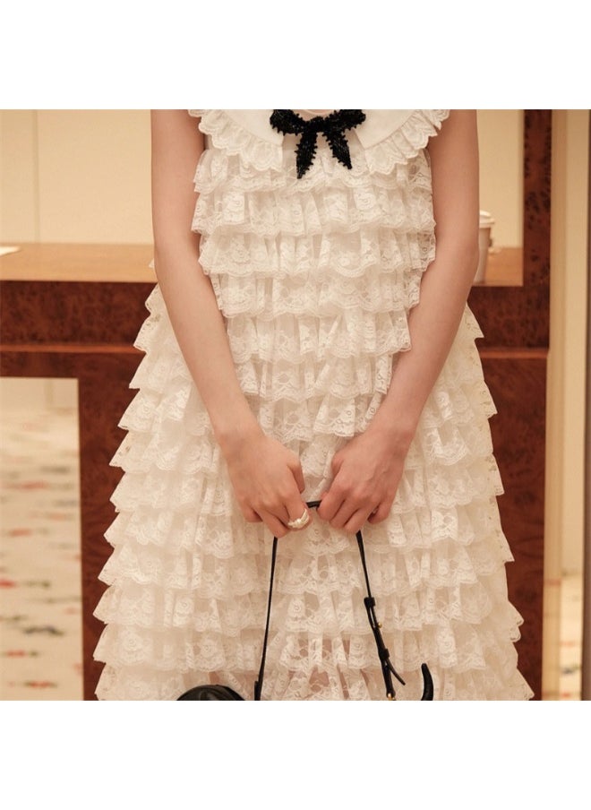Sweet Lace Sleeveless Round Neck Tiered Cake Maxi Dress