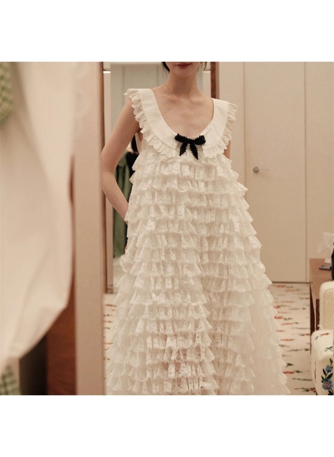 Sweet Lace Sleeveless Round Neck Tiered Cake Maxi Dress