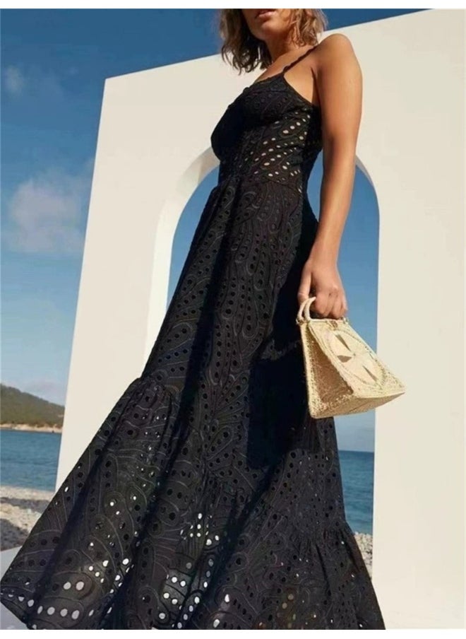 Black Elegant Vacation-style Asymmetrical Mermaid Maxi Dress with Spaghetti Straps