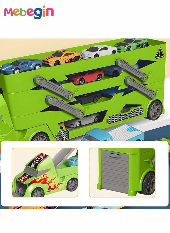 Storage Cart with 3-tier Carriers and 10 Mini Sliding Cars, Deformation Ejection Car Playset, Children's Parking Lot Toys, Creative Travel Toy, Easy to Storage and Carry, Ideal Gift for Kids