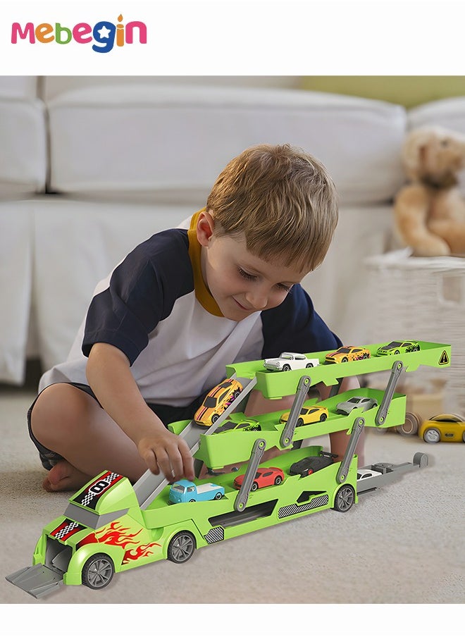 Storage Cart with 3-tier Carriers and 10 Mini Sliding Cars, Deformation Ejection Car Playset, Children's Parking Lot Toys, Creative Travel Toy, Easy to Storage and Carry, Ideal Gift for Kids