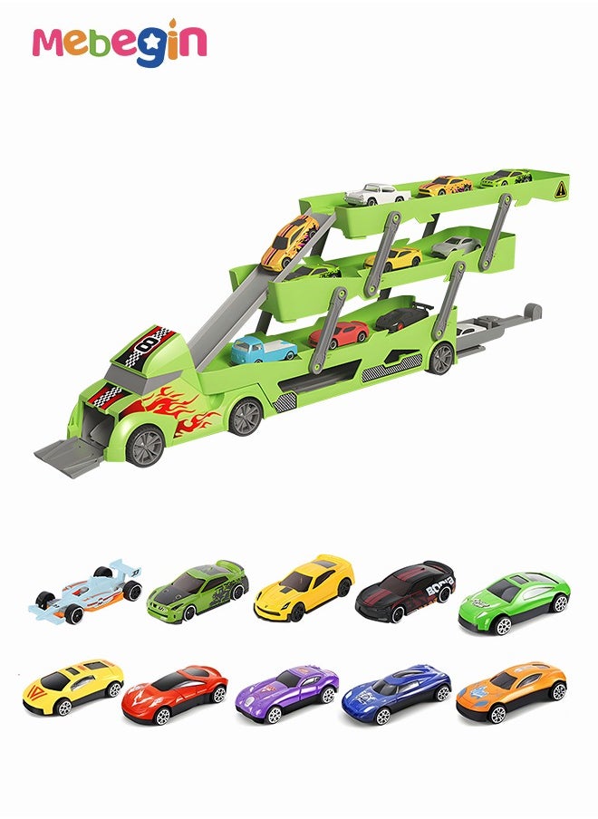 Storage Cart with 3-tier Carriers and 10 Mini Sliding Cars, Deformation Ejection Car Playset, Children's Parking Lot Toys, Creative Travel Toy, Easy to Storage and Carry, Ideal Gift for Kids