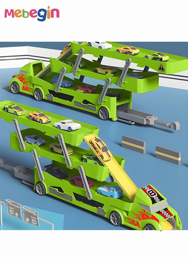 Storage Cart with 3-tier Carriers and 10 Mini Sliding Cars, Deformation Ejection Car Playset, Children's Parking Lot Toys, Creative Travel Toy, Easy to Storage and Carry, Ideal Gift for Kids