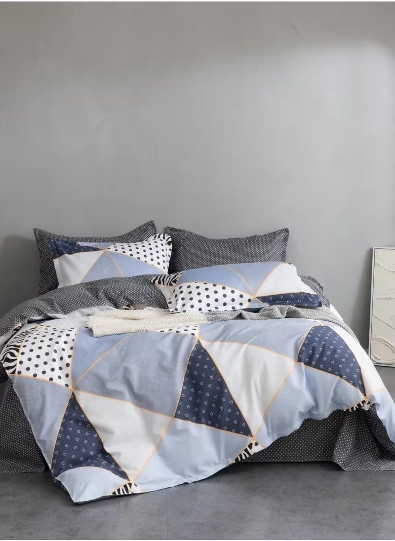 6-Piece Printed Combination King Size Duvet Cover Set  Includes 1xFitted Bedsheet 200x200+30cm, 1xDuvet Cover 220x240 cm, 2xPillowcase 55x80cm, 2xCushion Case 45x70cm Cotton