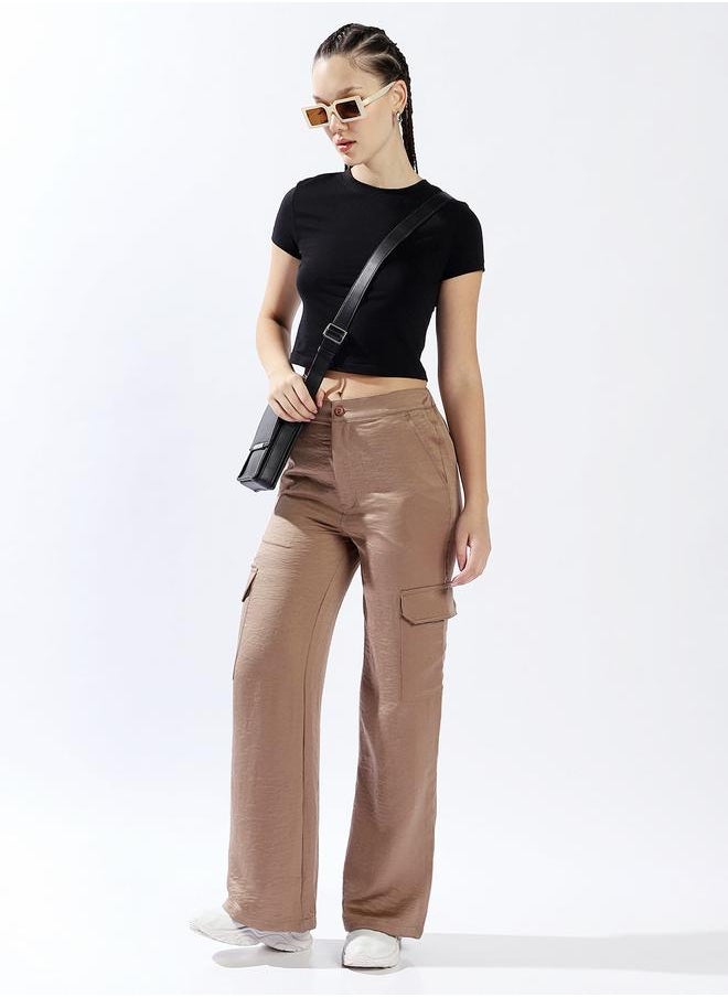Women Trousers, Wide Leg, Solid, Dark Beige, in 100% Polyester, Elasticated closure, Woven weave, High-Rise waist, perfect for Casual. Fashion meets functionâ€”grab it!