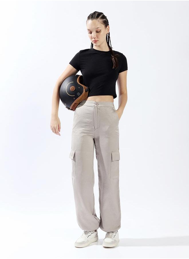 Women Trousers, Oversized, Solid, Light Grey, in 100% Polyester, Button closure, Woven weave, High-Rise waist, perfect for Casual. Step up your style today!