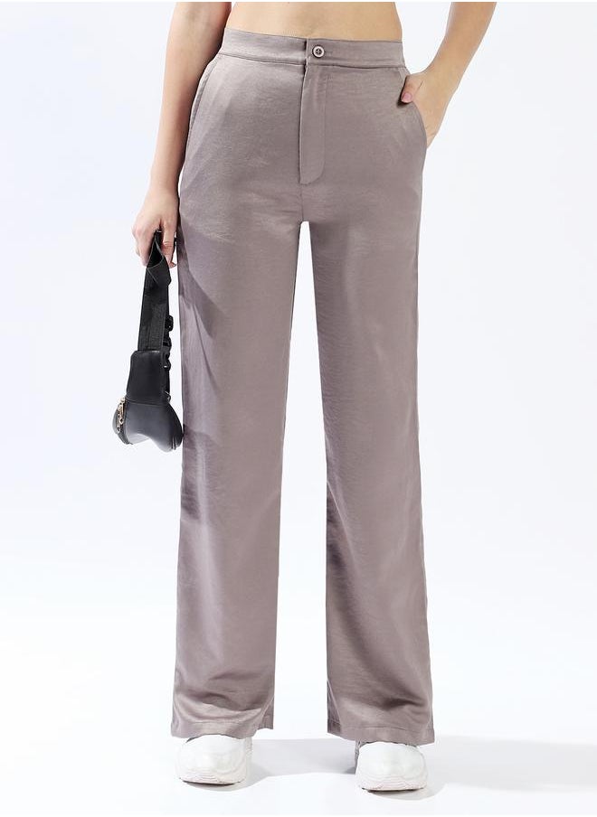 Women's Mid Grey 100% Polyester Solid Pattern Full Length Palazzo Wide Leg Trouser