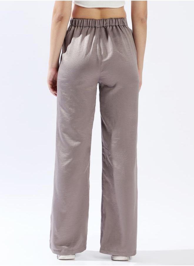 Women's Mid Grey 100% Polyester Solid Pattern Full Length Palazzo Wide Leg Trouser