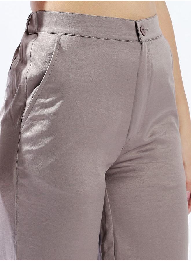 Women's Mid Grey 100% Polyester Solid Pattern Full Length Palazzo Wide Leg Trouser
