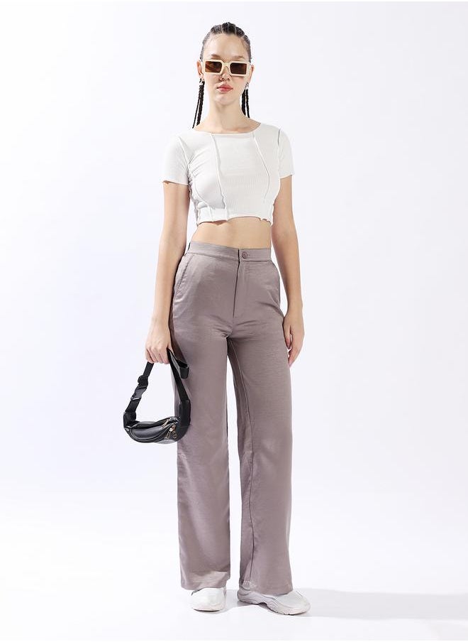 Women Trousers, Wide Leg, Solid, Mid Grey, in 100% Polyester, Elasticated closure, Woven weave, High-Rise waist, perfect for Casual. Get yours before it's gone!