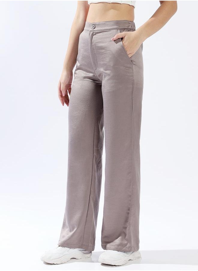 Women's Mid Grey 100% Polyester Solid Pattern Full Length Palazzo Wide Leg Trouser