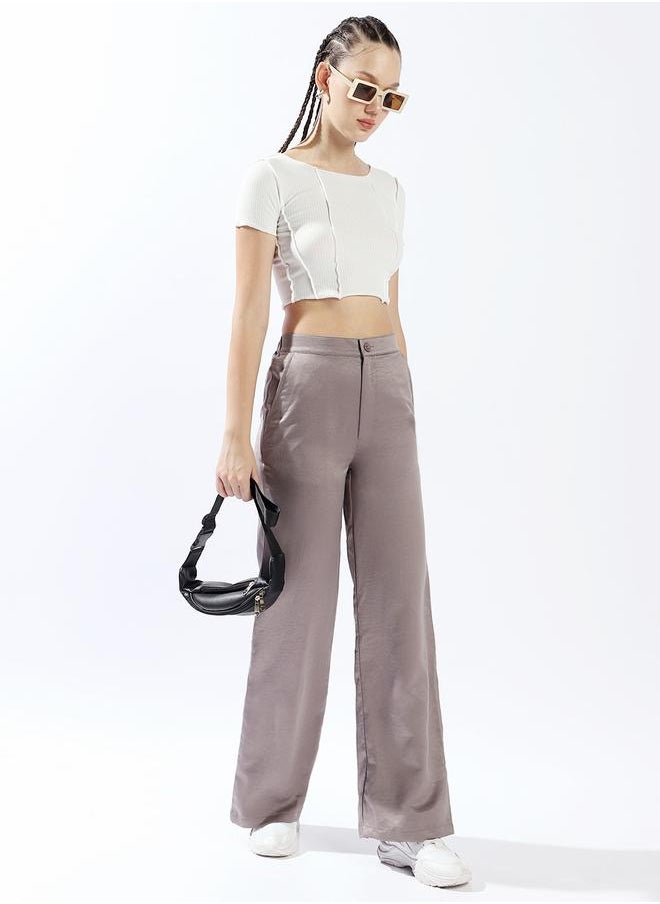 Women's Mid Grey 100% Polyester Solid Pattern Full Length Palazzo Wide Leg Trouser