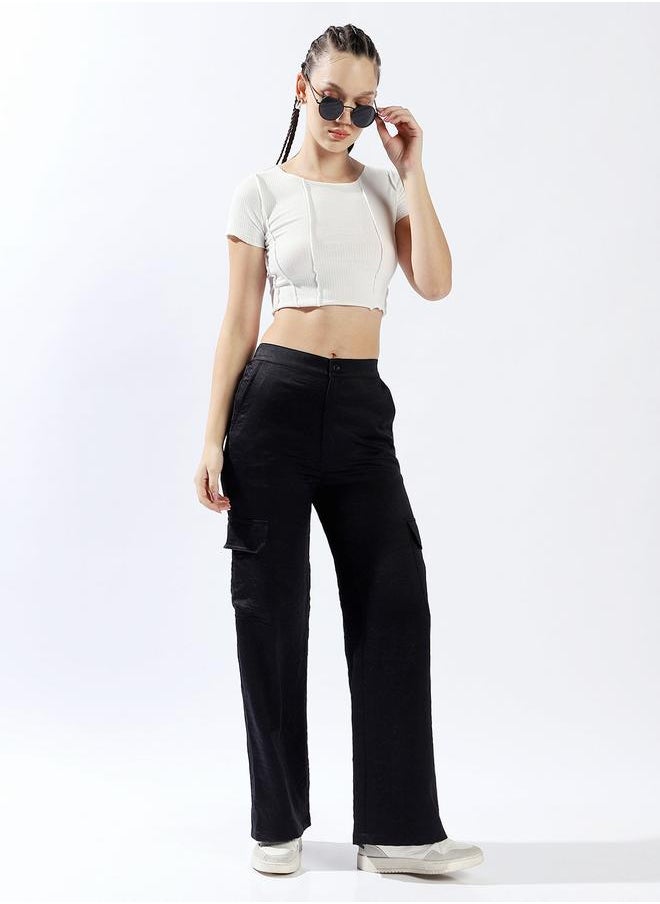 Women Trousers, Wide Leg, Solid, Black, in 100% Polyester, Elasticated closure, Woven weave, High-Rise waist, perfect for Casual. Fashion meets functionâ€”grab it!
