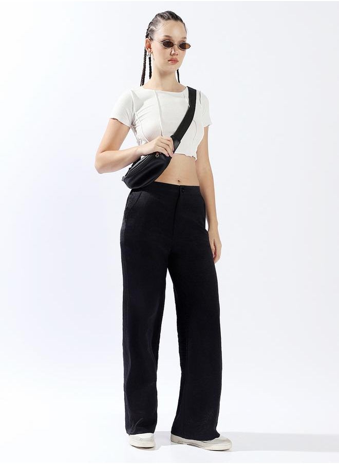 Women Trousers, Wide Leg, Solid, Black, in 100% Polyester, Elasticated closure, Woven weave, High-Rise waist, perfect for Casual. Don't miss this fashion gem!