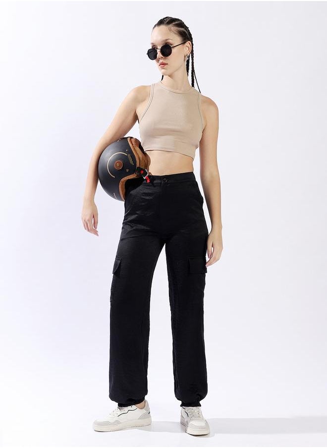 Women Trousers, Oversized, Solid, Black, in 100% Polyester, Button closure, Woven weave, High-Rise waist, perfect for Casual. Redefine your wardrobe now!