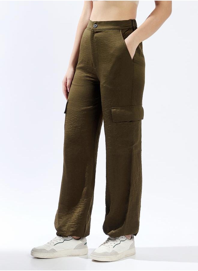 Women Trousers, Oversized, Solid, Dark Olive, in 100% Polyester, Button closure, Woven weave, High-Rise waist, perfect for Casual. Stay ahead of the trend!