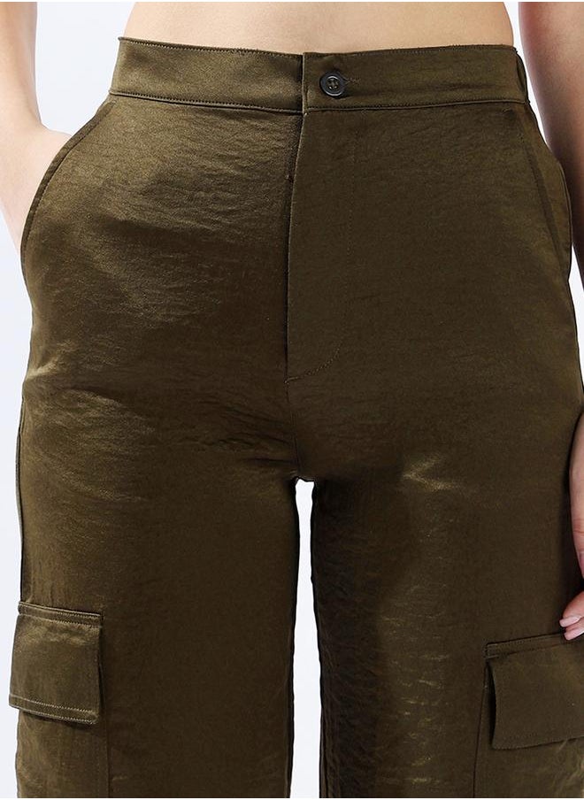 Women Trousers, Oversized, Solid, Dark Olive, in 100% Polyester, Button closure, Woven weave, High-Rise waist, perfect for Casual. Stay ahead of the trend!