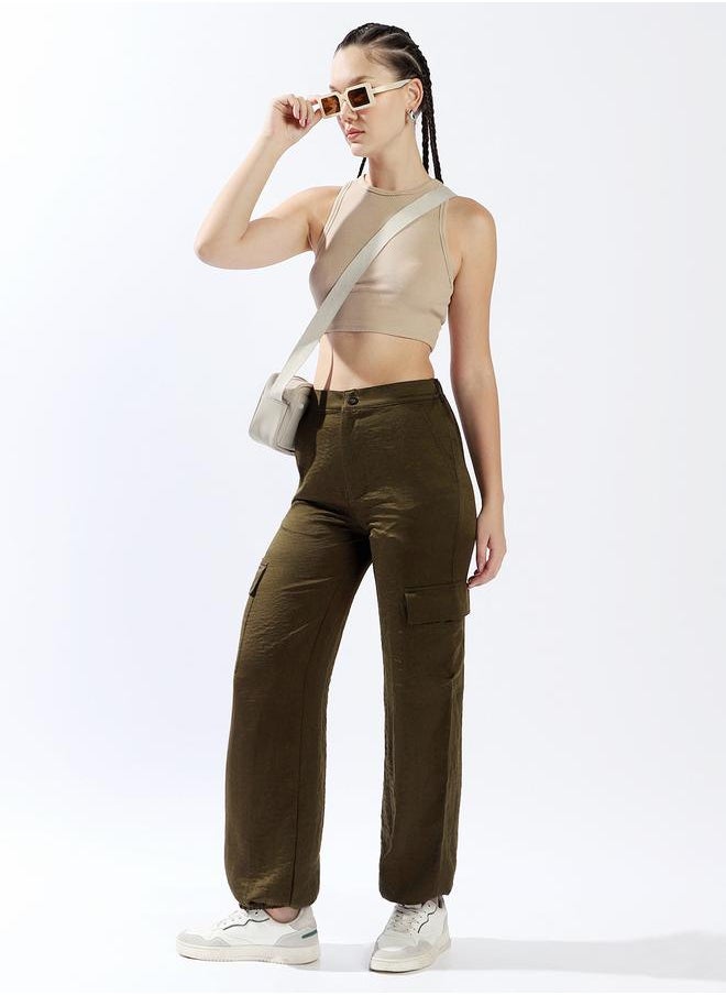 Women Trousers, Oversized, Solid, Dark Olive, in 100% Polyester, Button closure, Woven weave, High-Rise waist, perfect for Casual. Stay ahead of the trend!