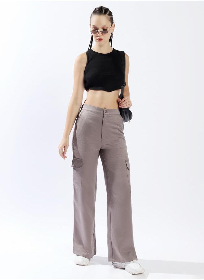 Women Trousers, Wide Leg, Solid, Mid Grey, in 100% Polyester, Elasticated closure, Woven weave, High-Rise waist, perfect for Casual. Redefine your wardrobe now!