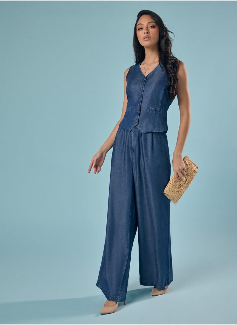 Flared Leg Washed Tencel Dark Blue Pant