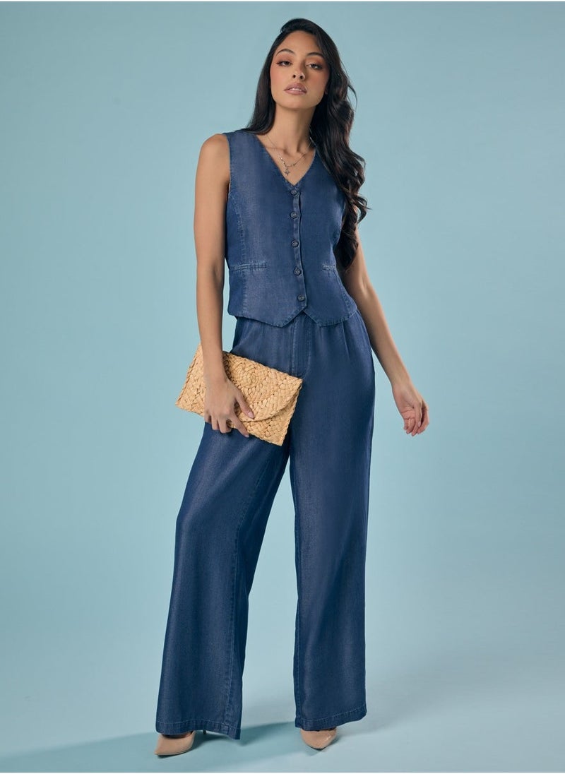 Flared Leg Washed Tencel Dark Blue Pant
