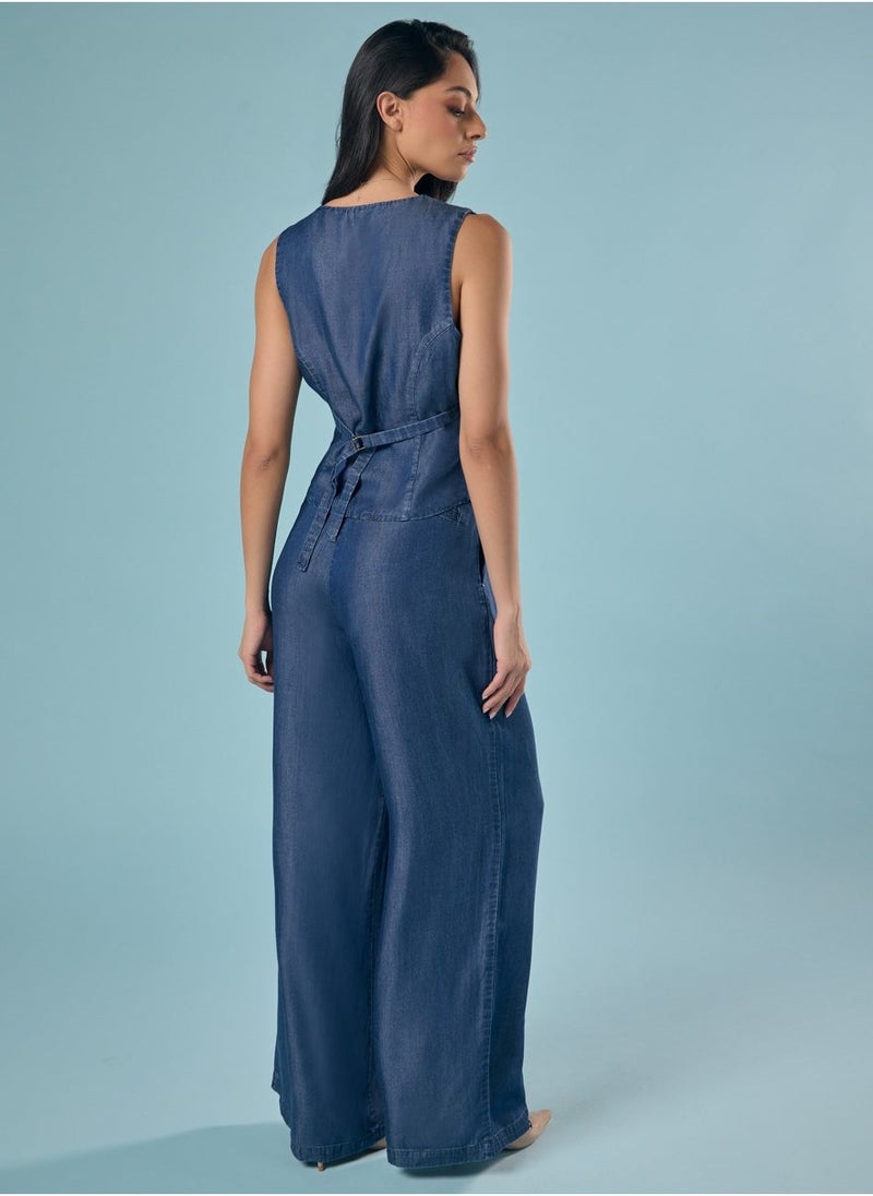 Flared Leg Washed Tencel Dark Blue Pant