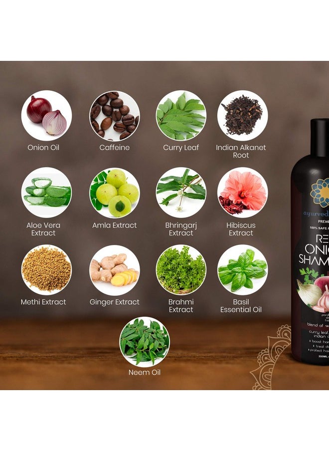 AYURVEDASHREE Red Onion Hair Growth & Hair Fall Control Shampoo - With Curry Leaf, Hibiscus, Indian Alanket, Blend of 14 Botanicals 200ML - SLS and Paraben Free - 100% Safe & Premium- All Hair Type