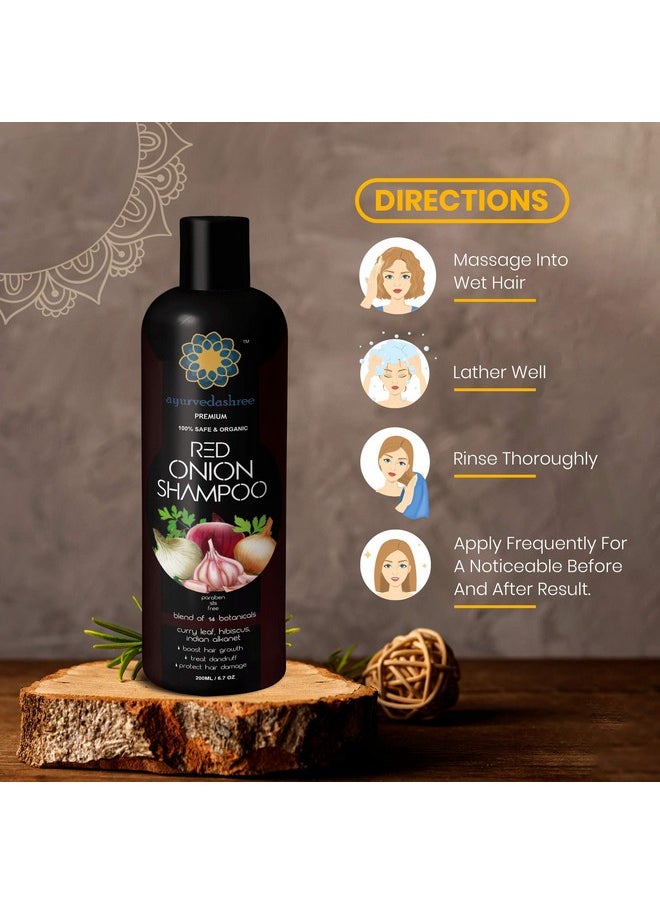 AYURVEDASHREE Red Onion Hair Growth & Hair Fall Control Shampoo - With Curry Leaf, Hibiscus, Indian Alanket, Blend of 14 Botanicals 200ML - SLS and Paraben Free - 100% Safe & Premium- All Hair Type