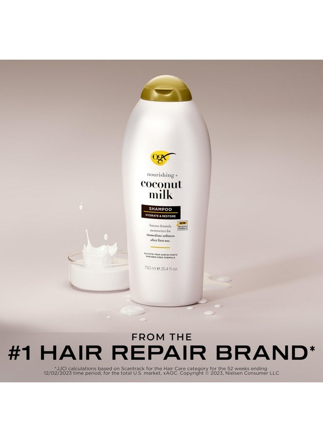 OGX Nourishing + Coconut Milk Shampoo, Hydrating & Restoring Shampoo Moisturizes for Soft Hair After the First Use, Paraben-Free, Sulfate-Free Surfactants, 25.4 fl. oz
