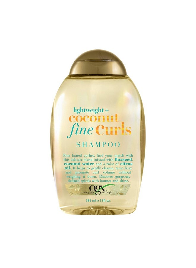 OGX Lightweight + Coconut Fine Curls Shampoo, Lightweight, Shampoo for Curly Hair, Coconut Water Shampoo, Flaxseed Oil, Citrus Oil, 13 Fl Oz