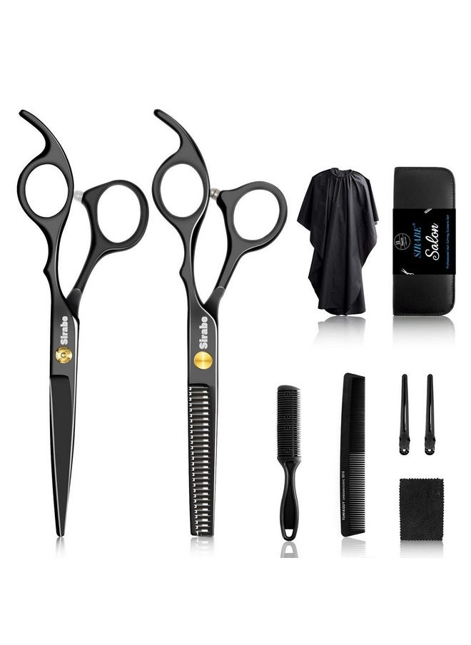 Sirabe 10 PCS Hair Cutting Scissors Set, Professional Haircut Scissors Kit with Cutting Scissors, Thinning Scissors, Comb, Cape, Clips, Black Hairdressing Shears Set for Barber, Salon, Home