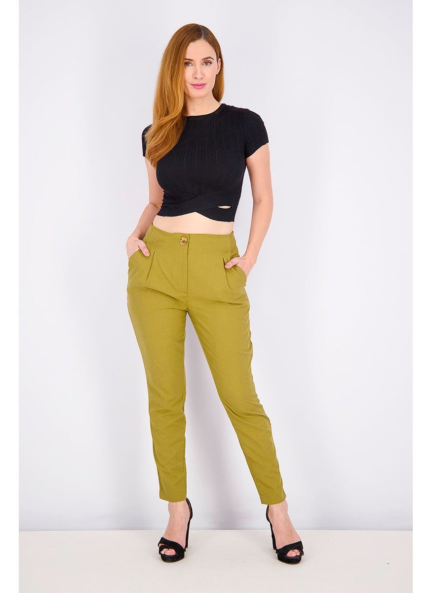 Women Slim Fit Plain Side Pocket Pants, Olive