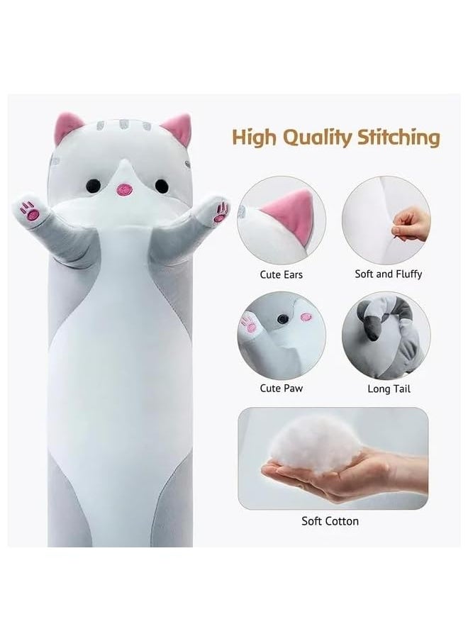 Cute Cat Throw Pillow, 20in Soft Cotton Stuffed Sleeping Pillow Plush Kids Body Pillow Long Doll Toy (Grey)