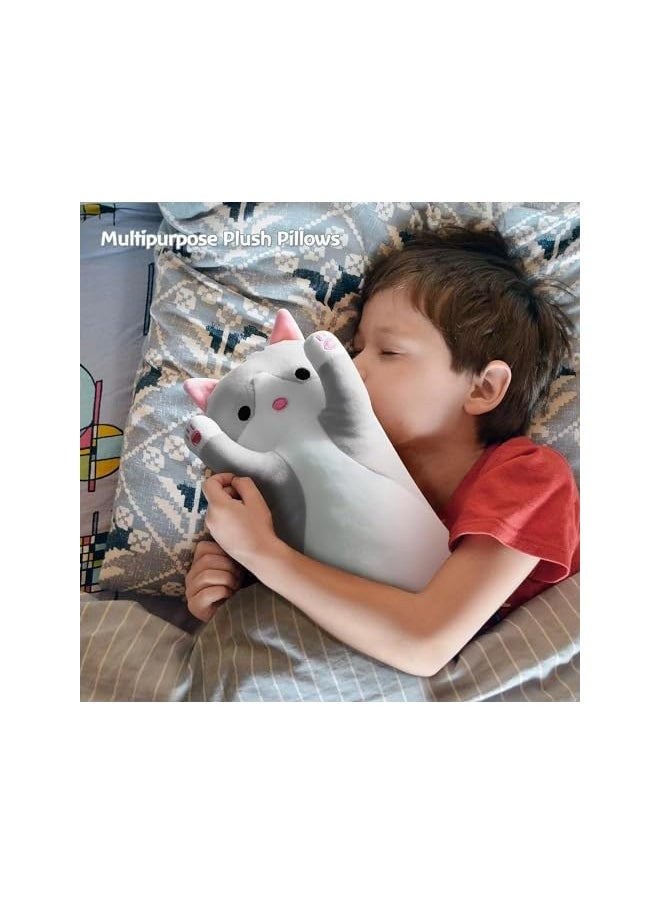 Cute Cat Throw Pillow, 20in Soft Cotton Stuffed Sleeping Pillow Plush Kids Body Pillow Long Doll Toy (Grey)