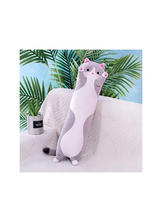 Cute Cat Throw Pillow, 20in Soft Cotton Stuffed Sleeping Pillow Plush Kids Body Pillow Long Doll Toy (Grey)