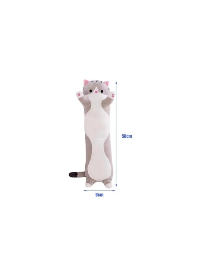 Cute Cat Throw Pillow, 20in Soft Cotton Stuffed Sleeping Pillow Plush Kids Body Pillow Long Doll Toy (Grey)