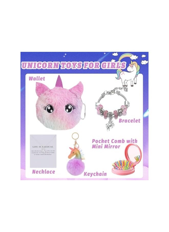 Unicorns Gifts for Girls 5-10+ Years Old, Kids Unicorn Toys with Mirror Comb/Unicorn Key Hanging/Necklace/Bracelet/Wallet, Soft Plush Toys Set for Teens Birthday Gifts Christmas (5 in 1)
