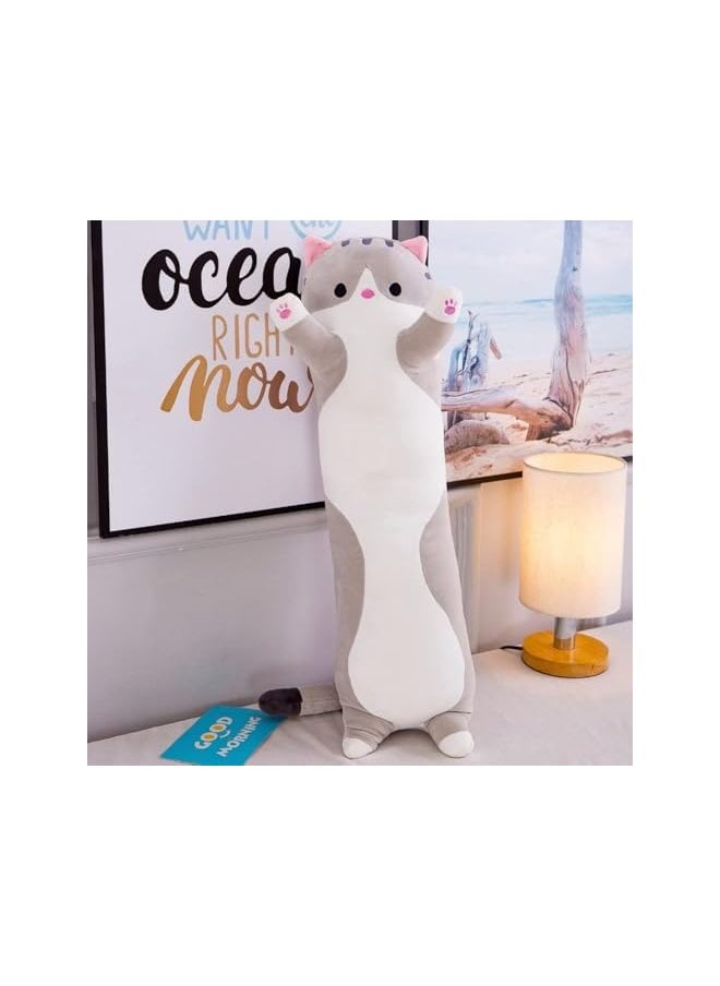 Lovely Plush Cat Doll Cute Cartoon Soft Stuffed Kitten Pillow Long Throw Sleeping Pillow Doll Toy Gift for Kids Girlfriend 50cm (SILVER)
