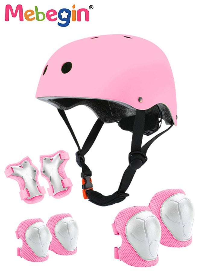 7 Pcs Multi-Sport Protective Gear Set with Adjustable Helmet Knee and Elbow Pads Wrist Guards fit for Multi Sports Scooter, Skateboarding, Biking, Roller Skating Pink