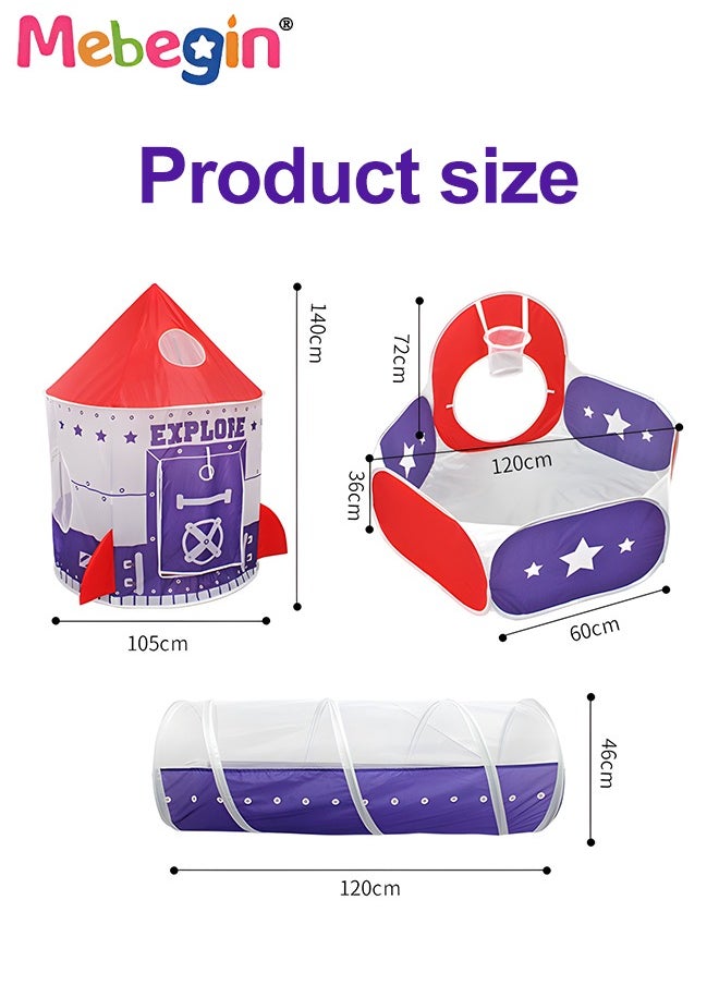 3pc Kids Play Tent for Kids with Ball Pit Basketball Hoop, Crawl Tunnel, Princess Tents for Toddlers, Baby Space Ship World Playhouse Toys, Boys Girls Indoor Outdoor Play House, Perfect Kid's Gifts