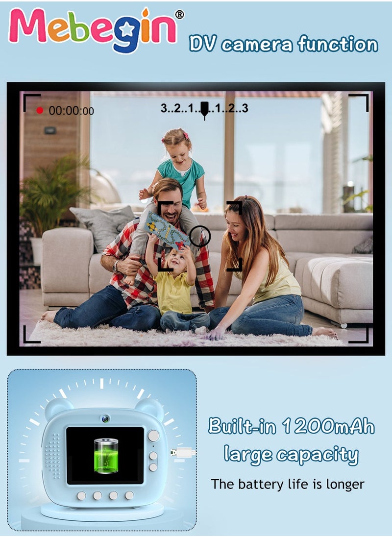 2.4 Inch Kids Camera Instant Print with 3 Roller Photo Paper, 1080p HD Digital Video Cameras for Toddler, Dual Selfie Mini Children Camera with 32GB SD Card, Photo Capture, Vdeo Recording and Playba