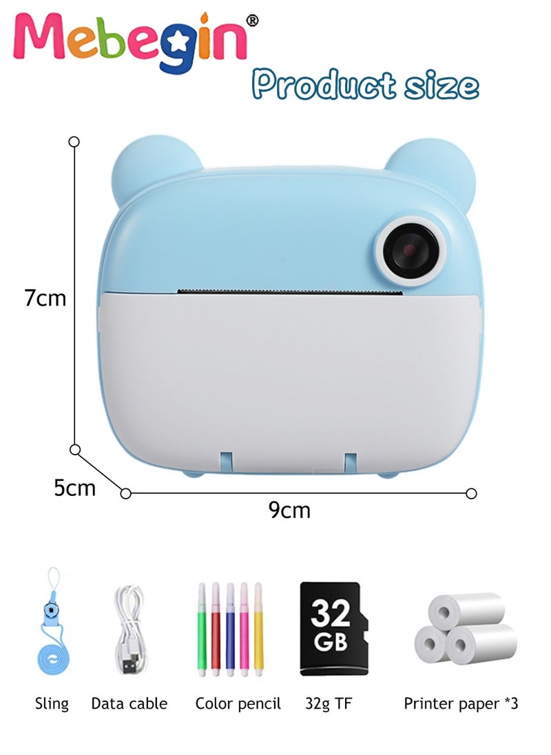2.4 Inch Kids Camera Instant Print with 3 Roller Photo Paper, 1080p HD Digital Video Cameras for Toddler, Dual Selfie Mini Children Camera with 32GB SD Card, Photo Capture, Vdeo Recording and Playba