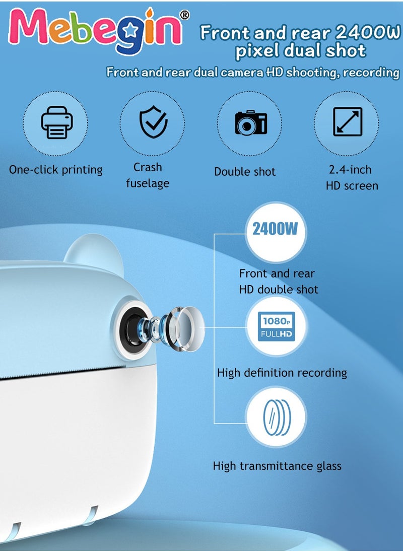 2.4 Inch Kids Camera Instant Print with 3 Roller Photo Paper, 1080p HD Digital Video Cameras for Toddler, Dual Selfie Mini Children Camera with 32GB SD Card, Photo Capture, Vdeo Recording and Playba