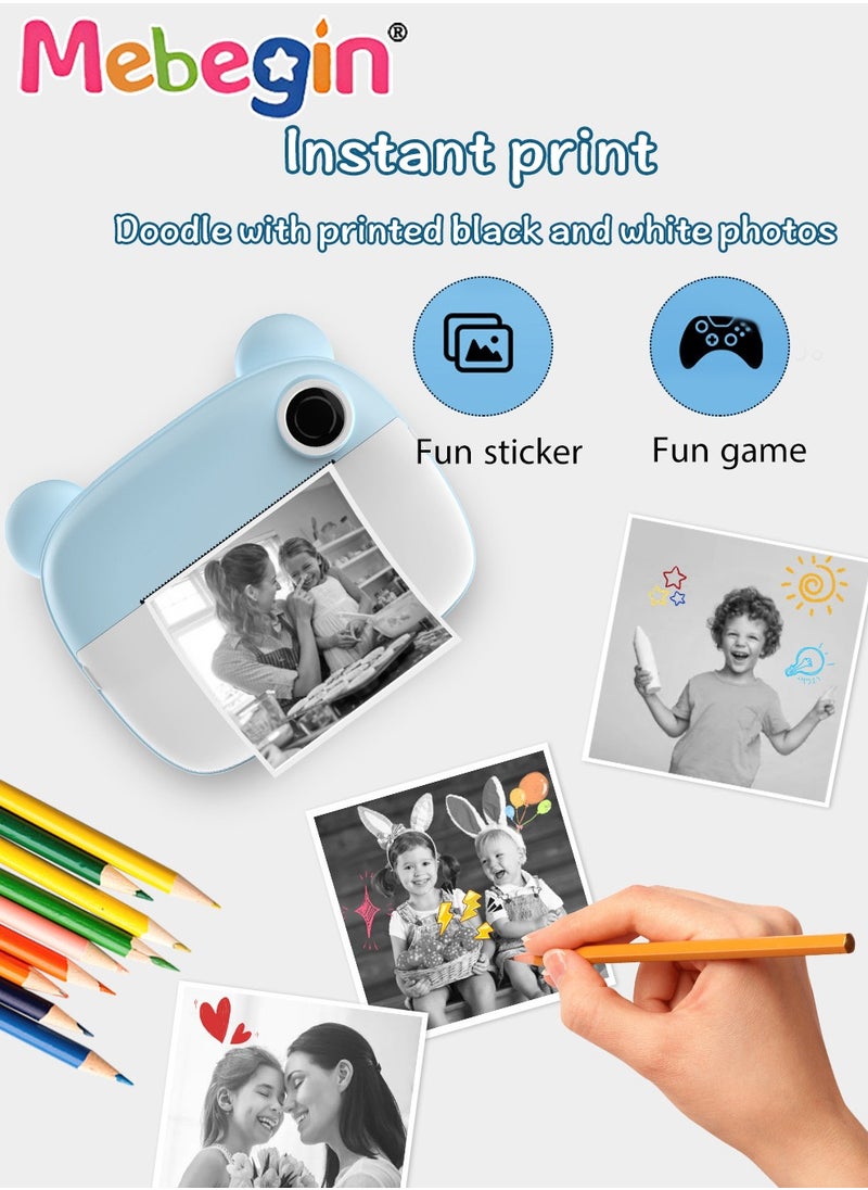 2.4 Inch Kids Camera Instant Print with 3 Roller Photo Paper, 1080p HD Digital Video Cameras for Toddler, Dual Selfie Mini Children Camera with 32GB SD Card, Photo Capture, Vdeo Recording and Playba