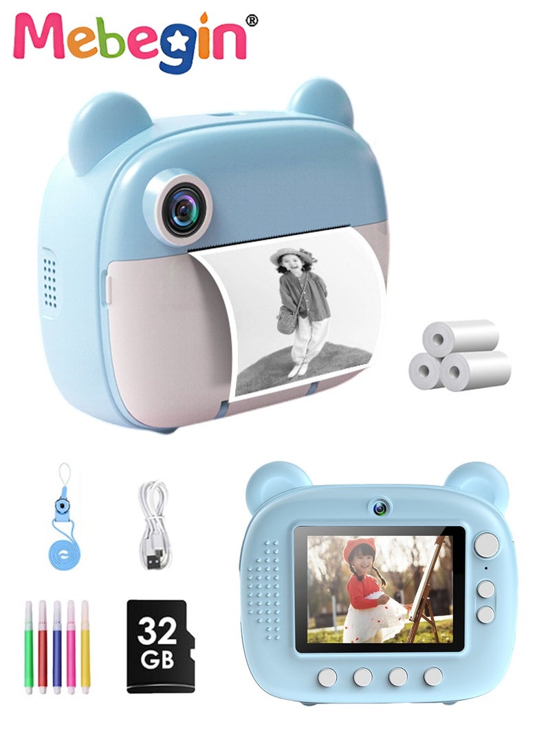 2.4 Inch Kids Camera Instant Print with 3 Roller Photo Paper, 1080p HD Digital Video Cameras for Toddler, Dual Selfie Mini Children Camera with 32GB SD Card, Photo Capture, Vdeo Recording and Playba