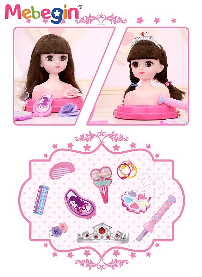Makeup and Hair Styling Doll Head Toy Kit,Kids Pretend Play Set with Mirror Comb Crown and Style Accessories for Ages 3 Up Little Girls Birthday Gift,Doll Head for Hair Styling