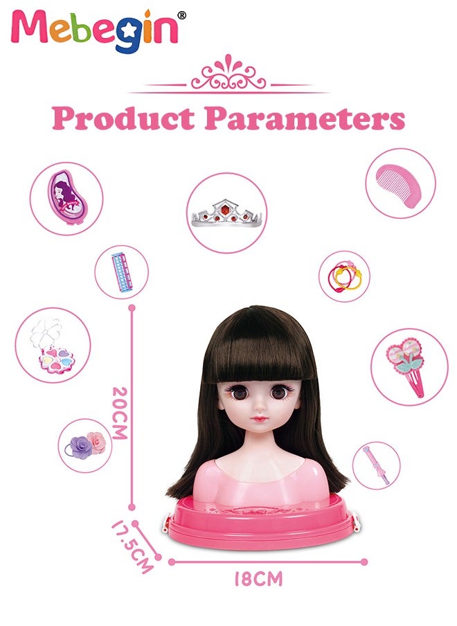 Makeup and Hair Styling Doll Head Toy Kit,Kids Pretend Play Set with Mirror Comb Crown and Style Accessories for Ages 3 Up Little Girls Birthday Gift,Doll Head for Hair Styling