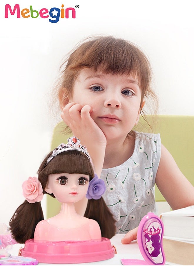 Makeup and Hair Styling Doll Head Toy Kit,Kids Pretend Play Set with Mirror Comb Crown and Style Accessories for Ages 3 Up Little Girls Birthday Gift,Doll Head for Hair Styling