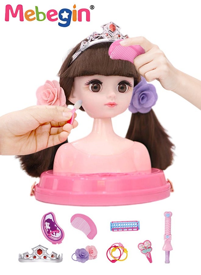 Makeup and Hair Styling Doll Head Toy Kit,Kids Pretend Play Set with Mirror Comb Crown and Style Accessories for Ages 3 Up Little Girls Birthday Gift,Doll Head for Hair Styling